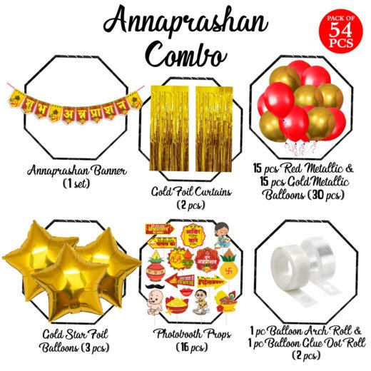 Zyozi Rice Ceremony Decorations Items | Annaprashan Decoration Combo with Paper Banner, Balloons,Gold Foil Curtains,Photo Booth (Pack of 54)