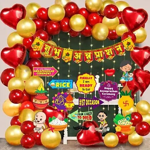 Zyozi Shubh Annaprashan Decorations Item, Baby Rice Ceremony Decorations - Paper Banner, Photo Booth Props, Balloons, Rice Ligt| Rice Ceremony (Pack Of 69)