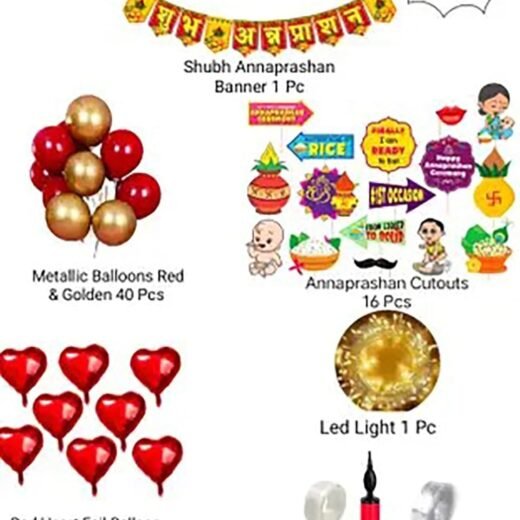 Zyozi Shubh Annaprashan Decorations Item, Baby Rice Ceremony Decorations - Paper Banner, Photo Booth Props, Balloons, Rice Ligt| Rice Ceremony (Pack Of 69)