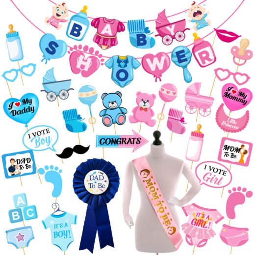Zyozi Baby Shower Decorations Combo | Baby Shower Party Supplies Kit | Paper Banner , Photo Booth Props, Dad To Be Badges & Mom To Be Sash (Pack Of 33)