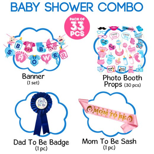 Zyozi Baby Shower Decorations Combo | Baby Shower Party Supplies Kit | Paper Banner , Photo Booth Props, Dad To Be Badges & Mom To Be Sash (Pack Of 33)