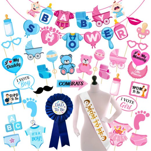 Zyozi Baby Shower Decorations Paper Banner , Photo Booth Props, Badge & Sash | Baby Shower Decorations Combo | Baby Shower Theme Party Favors (Pack of 33)