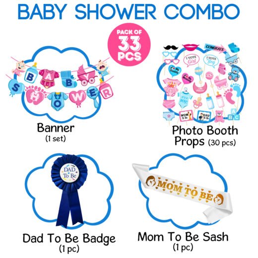 Zyozi Baby Shower Decorations Paper Banner , Photo Booth Props, Badge & Sash | Baby Shower Decorations Combo | Baby Shower Theme Party Favors (Pack of 33)