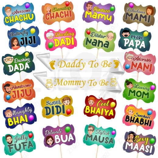 Zyozi Baby Showers Decorations Combo| Baby Shower Props for Photoshoot - Baby Shower Photo Booth Props & Daddy To Be - Mommy To Be Sash (Pack Of 22)