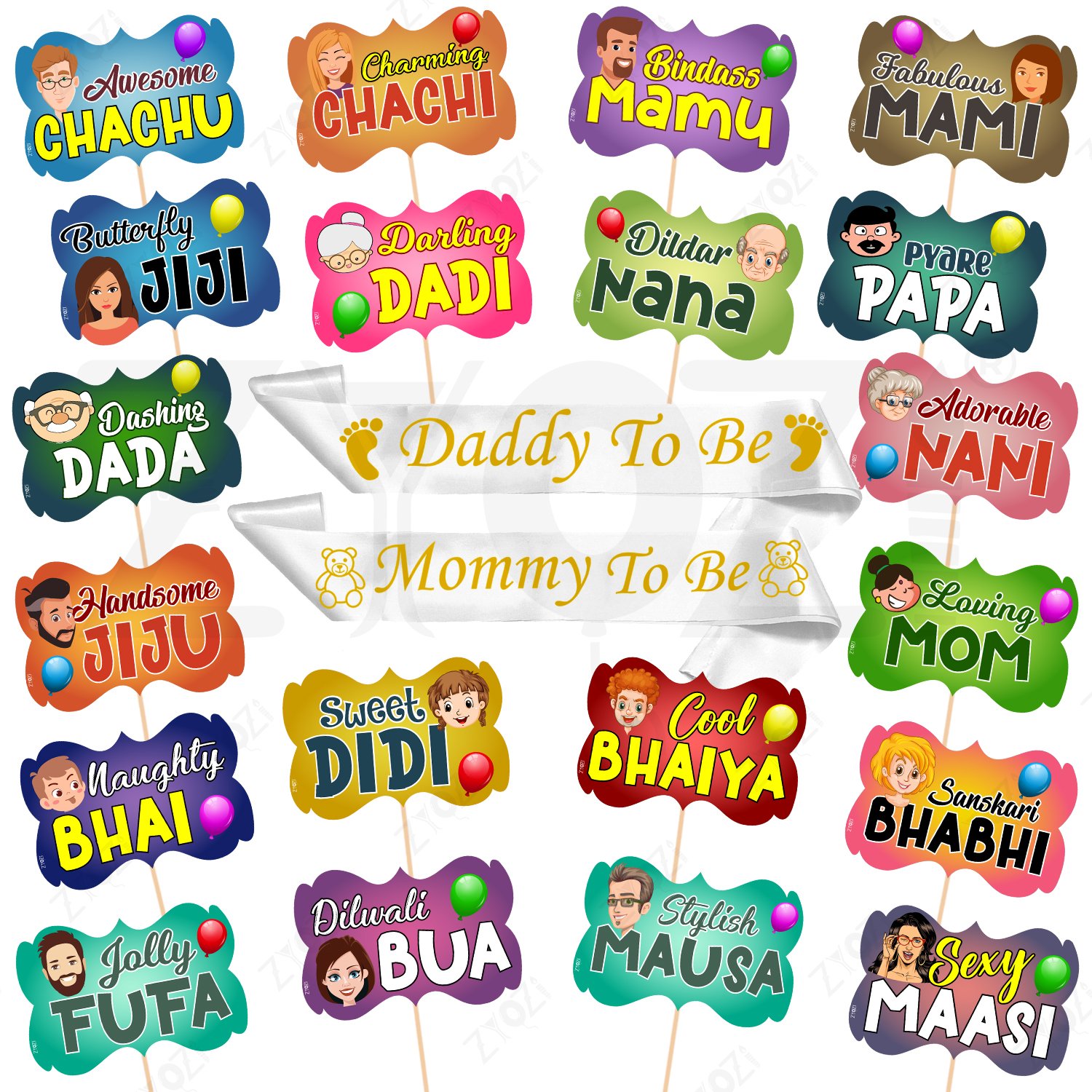 Zyozi Baby Showers Decorations Combo| Baby Shower Props for Photoshoot - Baby Shower Photo Booth Props & Daddy To Be - Mommy To Be Sash (Pack Of 22)