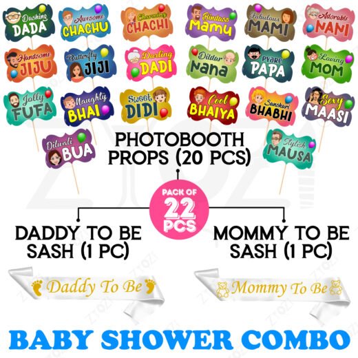 Zyozi Baby Showers Decorations Combo| Baby Shower Props for Photoshoot - Baby Shower Photo Booth Props & Daddy To Be - Mommy To Be Sash (Pack Of 22)