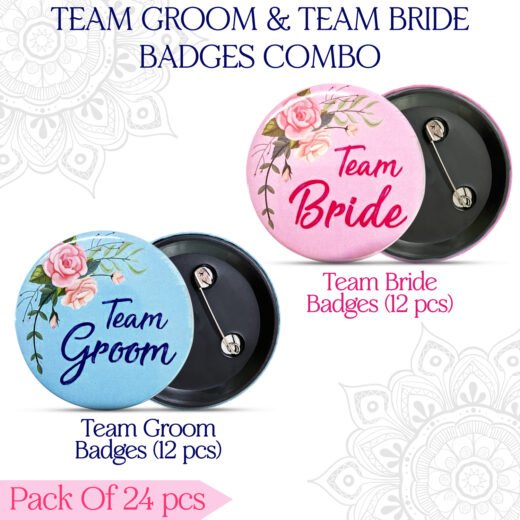 Zyozi® tems Groom & tems Bridee batch Combo - tems Groom batch, tems Bride batch for Bridee, Family & Friends- Wedding Party batch, Ladki Wale batch (Pack Of 24)