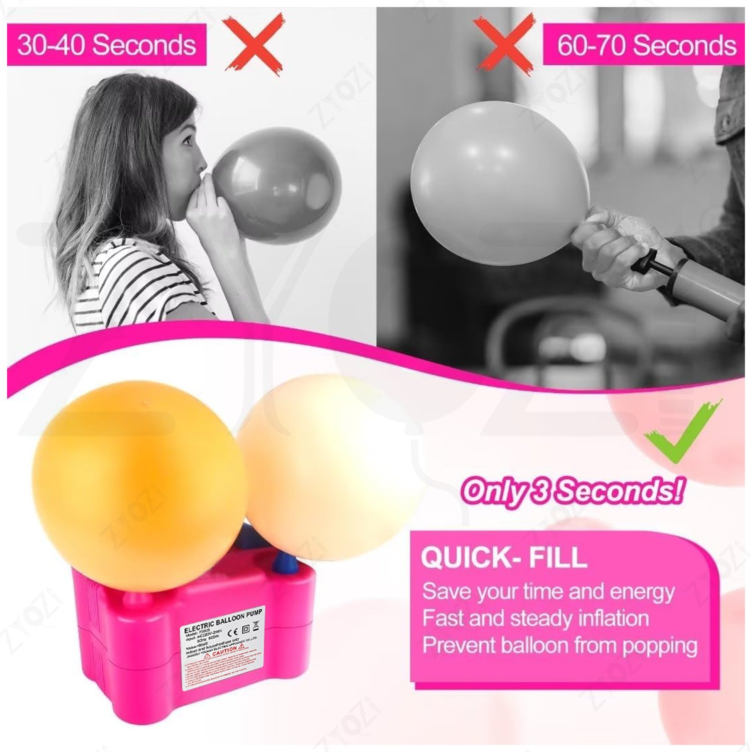 Zyozi Electric Balloon Pump Dual Nozzle 600W Balloon Inflator Machine, Portable Electric Air Balloon Pump for Birthday, Wedding, Baby Shower, Anniversary, Balloon Arch Decoration, Event Decorations - Image 4