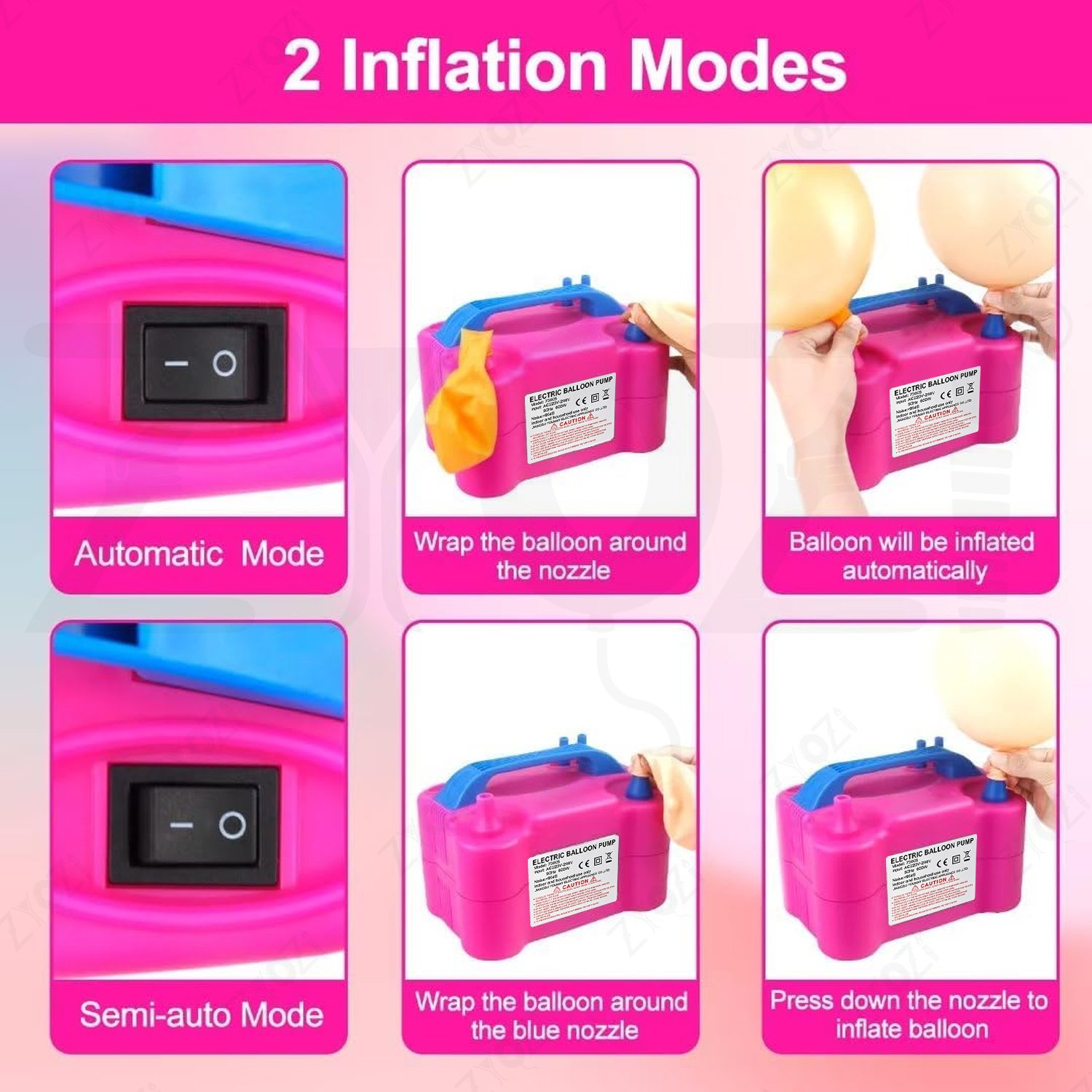 Zyozi Electric Balloon Pump Dual Nozzle 600W Balloon Inflator Machine, Portable Electric Air Balloon Pump for Birthday, Wedding, Baby Shower, Anniversary, Balloon Arch Decoration, Event Decorations - Image 3