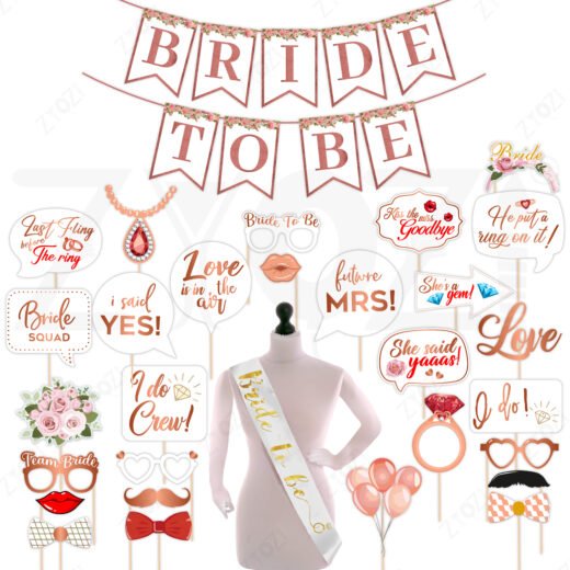 Zyozi Bride To Be/ Bridal Shower Decorations Kit, Rose Gold & White Theme, Includes Paper Banner, Sash, Photo Booth Props, Bachelorette Party Supplies (Pack Of 30)