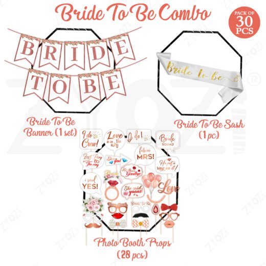 Zyozi Bride To Be/ Bridal Shower Decorations Kit, Rose Gold & White Theme, Includes Paper Banner, Sash, Photo Booth Props, Bachelorette Party Supplies (Pack Of 30)