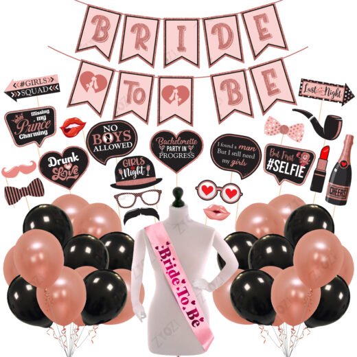 Zyozi 47 Pcs Bachelorette Party Decorations Kit for Bridal Shower, Bride to Be Paper Banner, Sash, Photo Booth Props with Black and Rose Gold Balloons