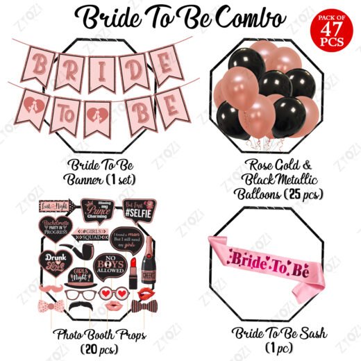 Zyozi 47 Pcs Bachelorette Party Decorations Kit for Bridal Shower, Bride to Be Paper Banner, Sash, Photo Booth Props with Black and Rose Gold Balloons
