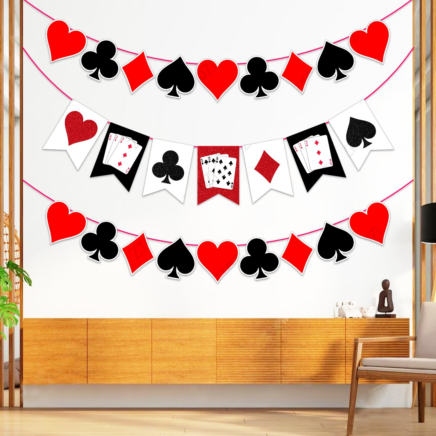 Zyozi Casino Theme Card Shape Paper Banner & Character Paper Banner, Casino Party Decoration Supplies - Casino Night Garlands for Game Theme Party, Birthday Party Supplies (Pack Of 3)
