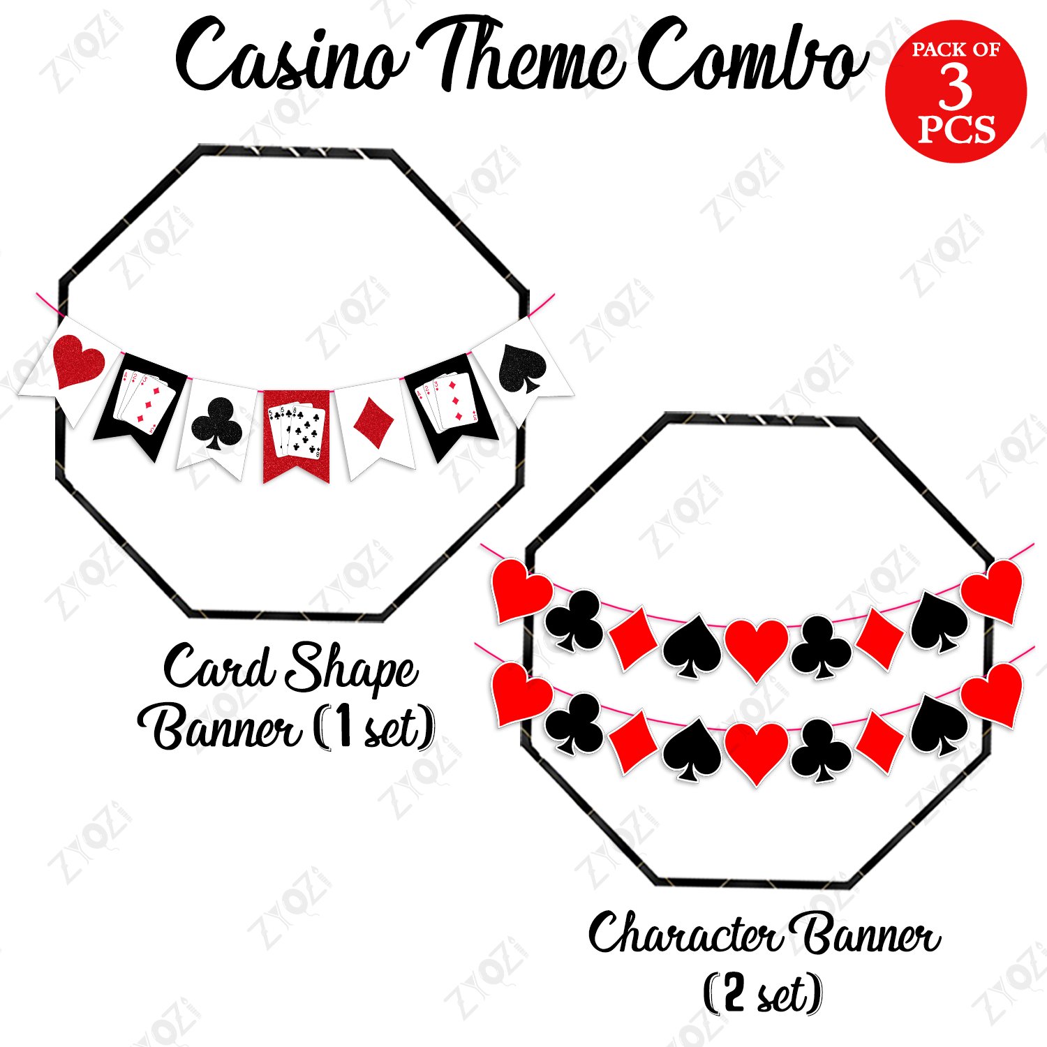 Zyozi Casino Theme Card Shape Paper Banner & Character Paper Banner, Casino Party Decoration Supplies - Casino Night Garlands for Game Theme Party, Birthday Party Supplies (Pack Of 3) - Image 2