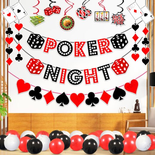 Zyozi Casino Theme Birthday Combo Set, Poker Night Party Set - Poker Night Paper Banner, Character Paper Banner, Ceiling Hangings, Swirls Hangings & Balloons (Pack Of 37)