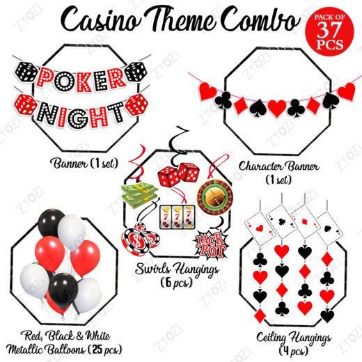 Zyozi Casino Theme Birthday Combo Set, Poker Night Party Set - Poker Night Paper Banner, Character Paper Banner, Ceiling Hangings, Swirls Hangings & Balloons (Pack Of 37)