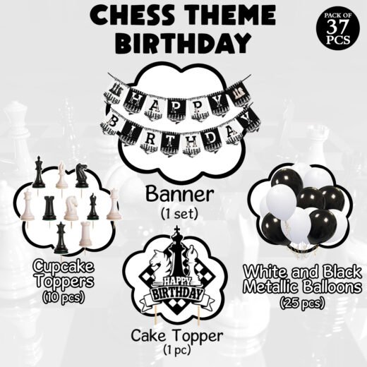 Zyozi 37 Piece Chess Party Supplies Chess Themed Party for Kids Chess Birthday Party Decorations Kids Chess Party Chess Birthday Paper Banner ,Balloons,Cake Topper & Cupcake