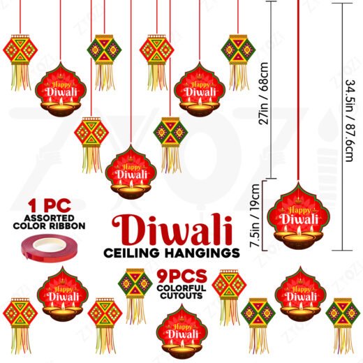 Zyozi Diwali Decorations Ceiling Hangings, Traditional Kandil Lanterns with Design, Festive Party Supplies, Ceiling Hangings - Pack Of 10