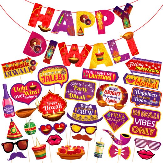 Zyozi 31 Pieces Happy Diwali Party Photo Booth Props and Paper Banner Kit Festival of Ligts Prop for Photoshoot Diwali Picture Selfie Stick Props Decoration Supplies