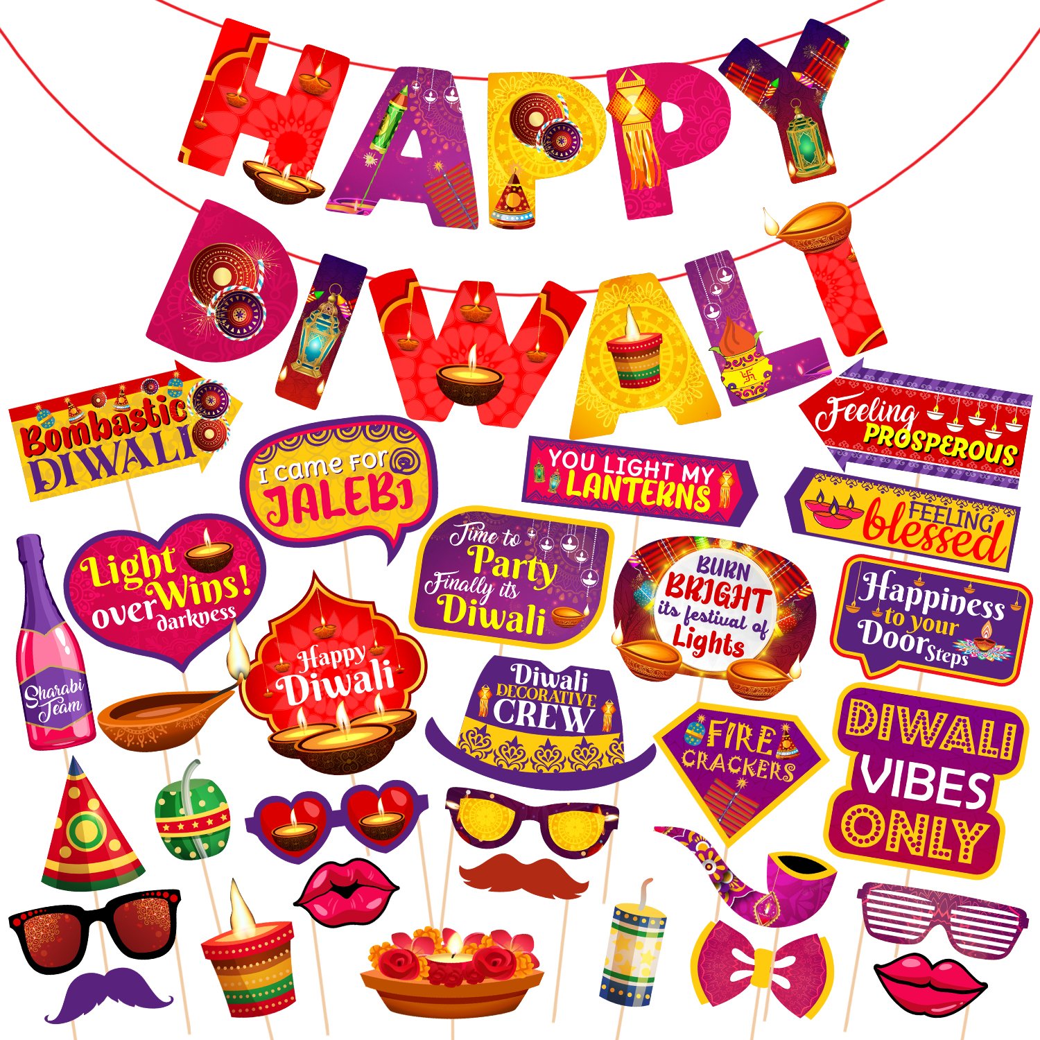 Zyozi 31 Pieces Happy Diwali Party Photo Booth Props and Paper Banner Kit Festival of Ligts Prop for Photoshoot Diwali Picture Selfie Stick Props Decoration Supplies