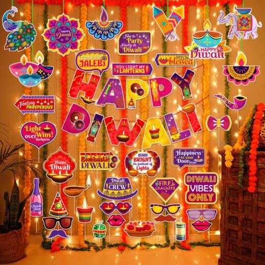 Zyozi 40 Pcs Happy Diwali Decorations Combo | MultiColor Diwali Paper Banner, Photo Booth Props, Ligt & Ceiling Hangings - Festival of Ligt Props For Backdrop Decorations