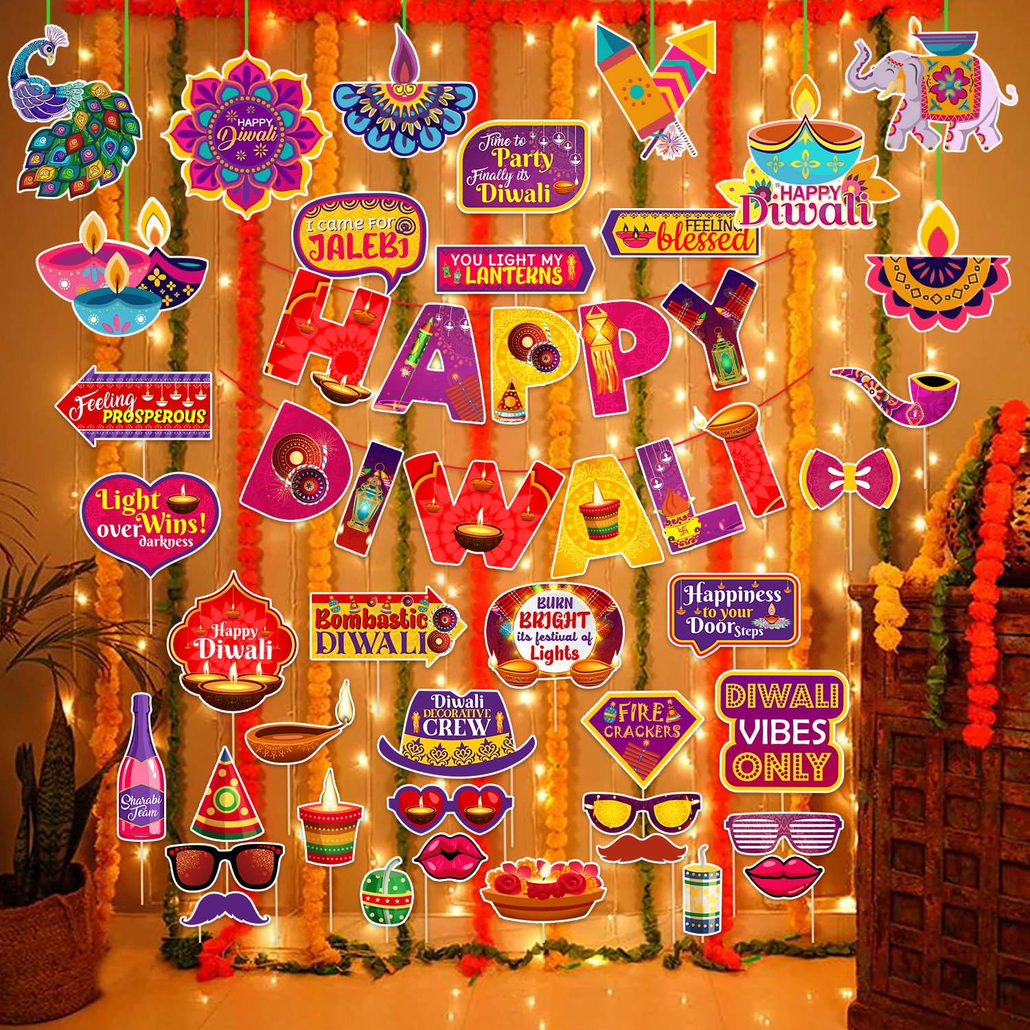 Zyozi 40 Pcs Happy Diwali Decorations Combo | MultiColor Diwali Paper Banner, Photo Booth Props, Ligt & Ceiling Hangings - Festival of Ligt Props For Backdrop Decorations