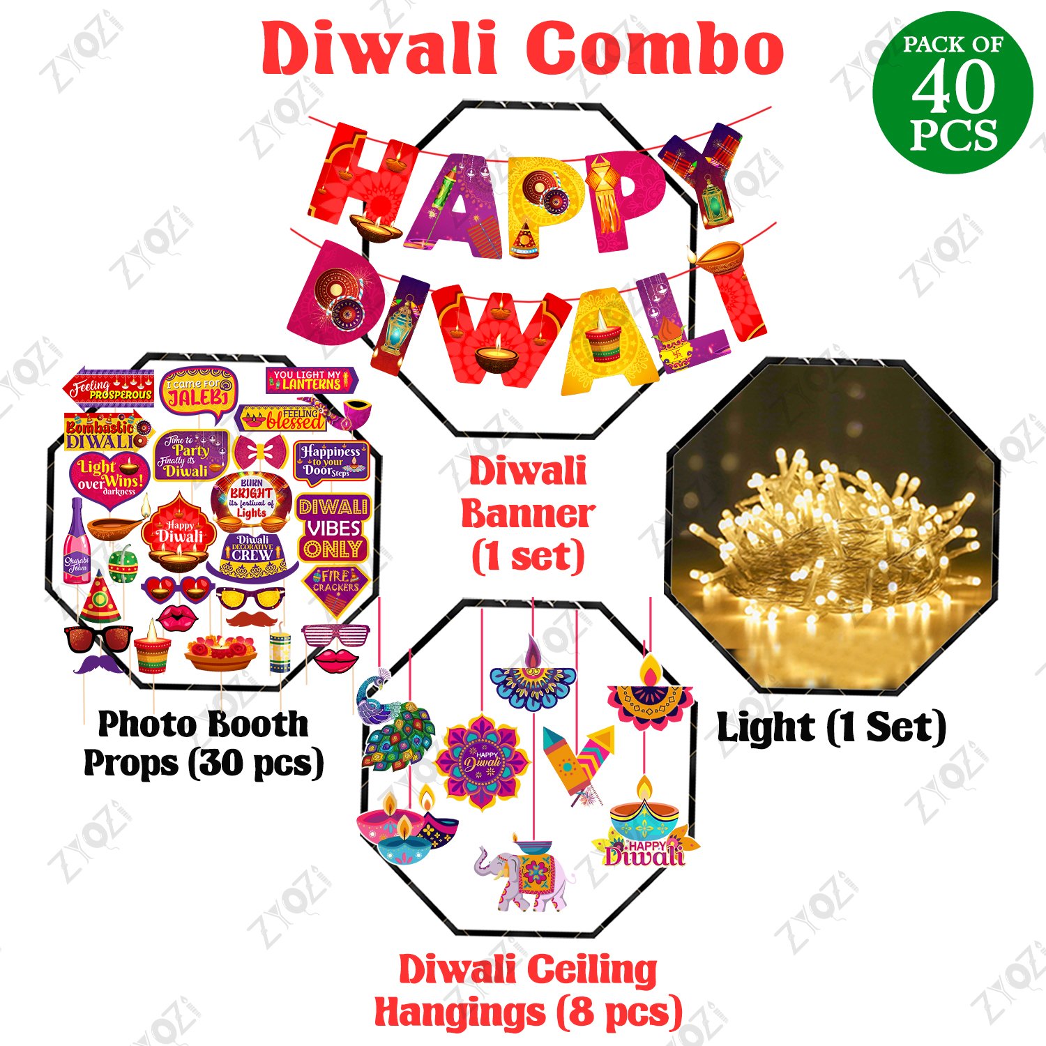 Zyozi 40 Pcs Happy Diwali Decorations Combo | MultiColor Diwali Paper Banner, Photo Booth Props, Ligt & Ceiling Hangings - Festival of Ligt Props For Backdrop Decorations - Image 2