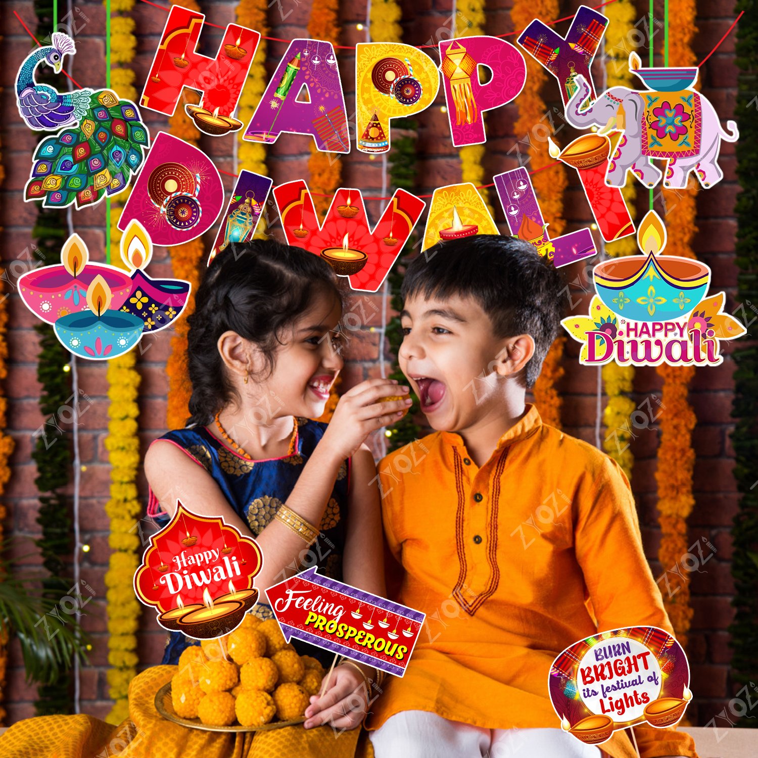 Zyozi 40 Pcs Happy Diwali Decorations Combo | MultiColor Diwali Paper Banner, Photo Booth Props, Ligt & Ceiling Hangings - Festival of Ligt Props For Backdrop Decorations - Image 6