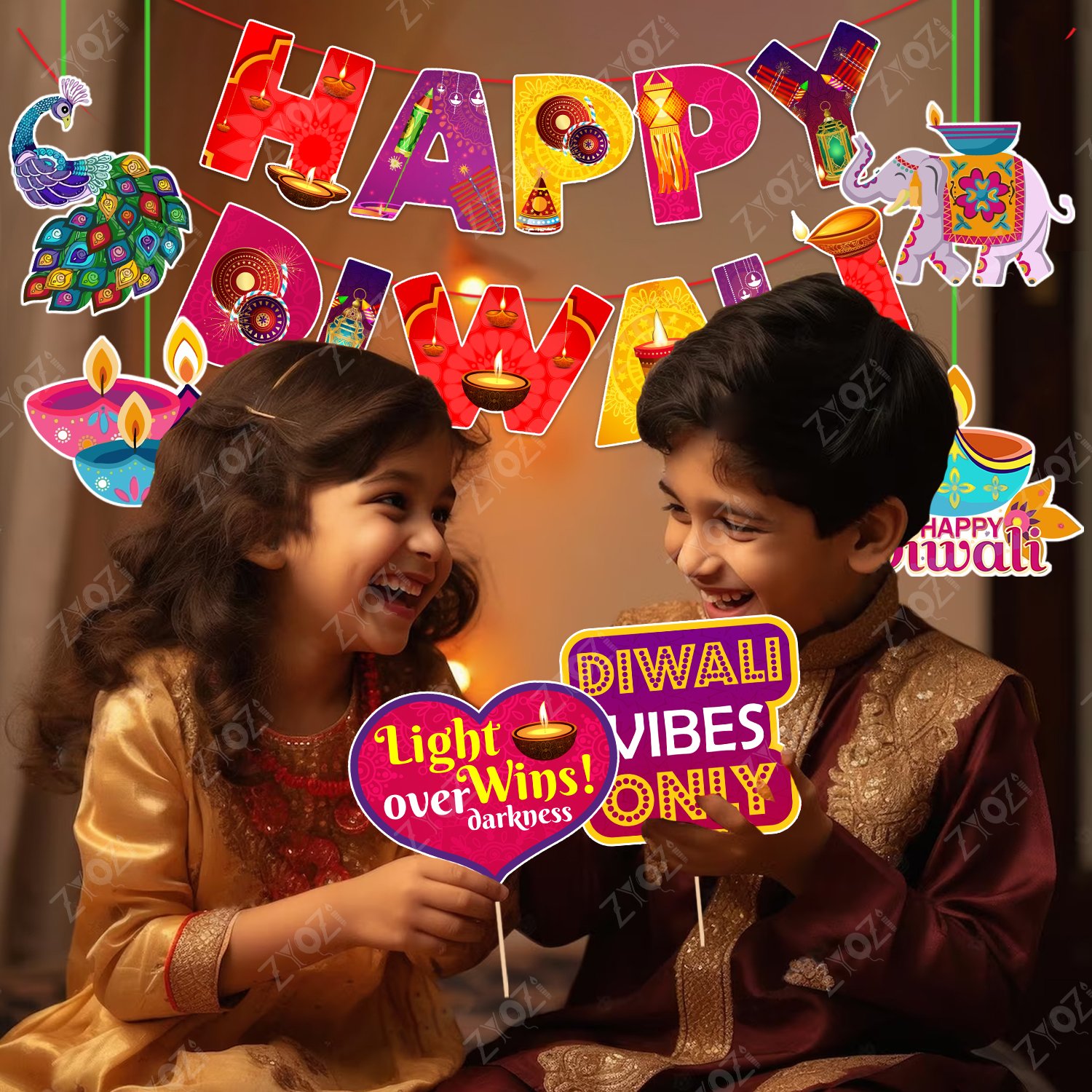 Zyozi 40 Pcs Happy Diwali Decorations Combo | MultiColor Diwali Paper Banner, Photo Booth Props, Ligt & Ceiling Hangings - Festival of Ligt Props For Backdrop Decorations - Image 5