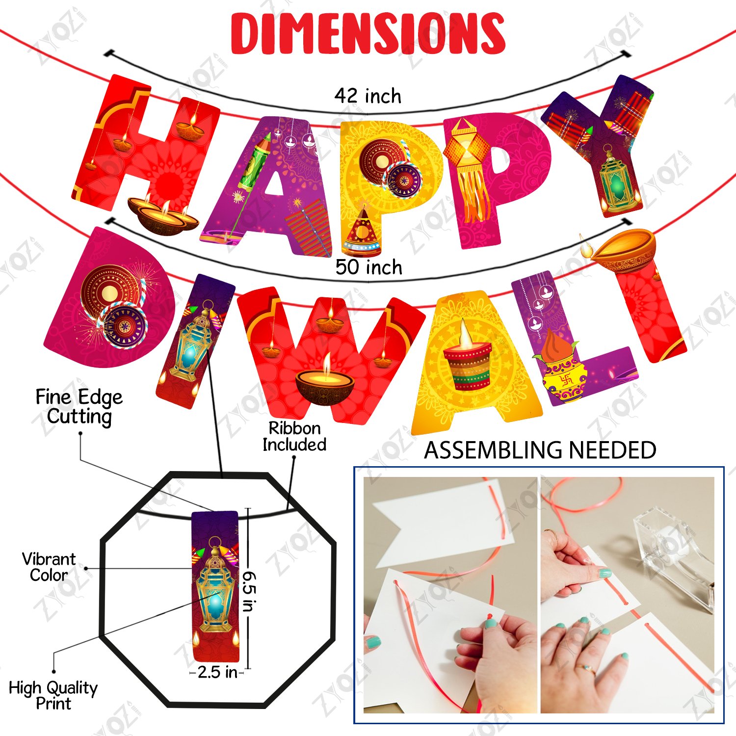 Zyozi 40 Pcs Happy Diwali Decorations Combo | MultiColor Diwali Paper Banner, Photo Booth Props, Ligt & Ceiling Hangings - Festival of Ligt Props For Backdrop Decorations - Image 4