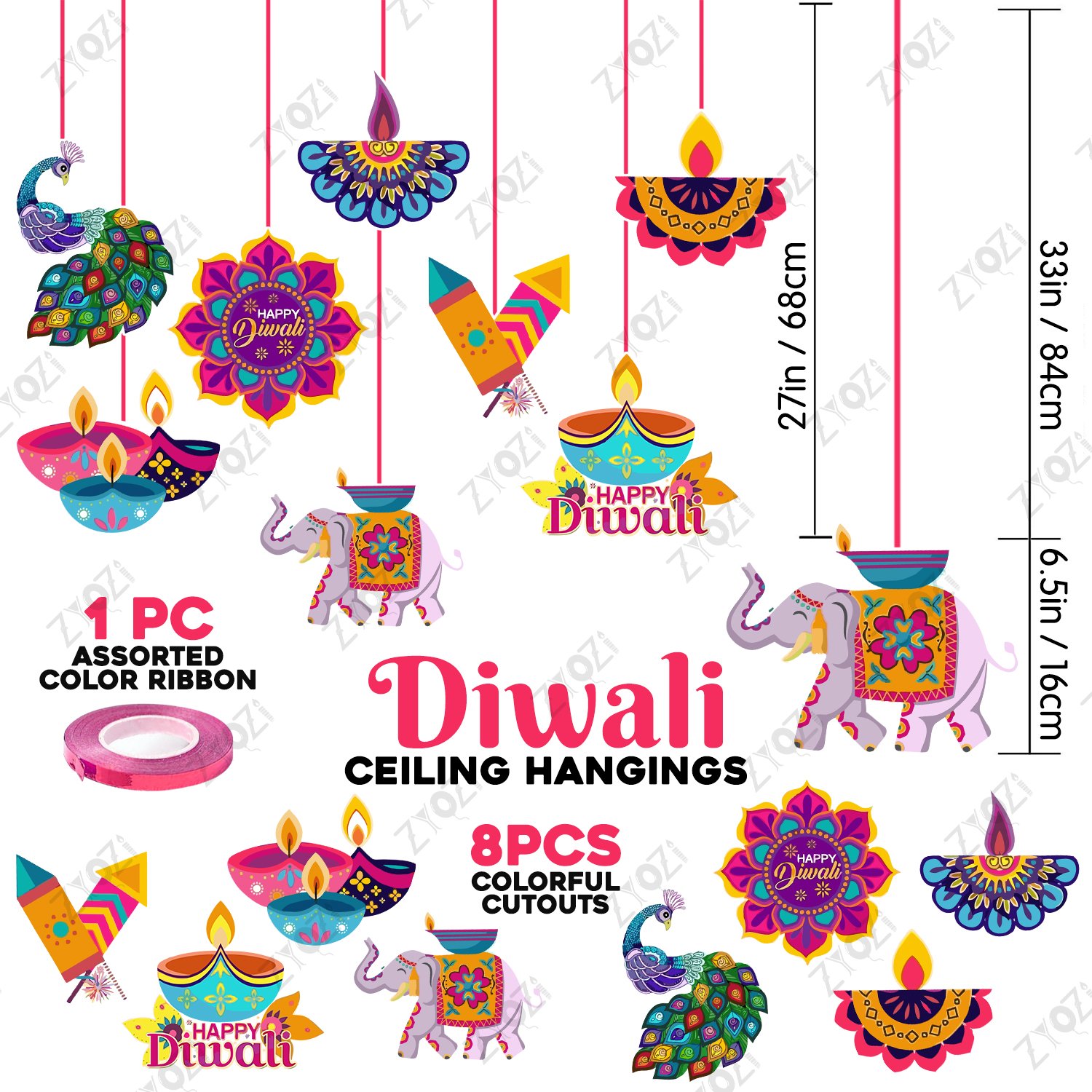 Zyozi 40 Pcs Happy Diwali Decorations Combo | MultiColor Diwali Paper Banner, Photo Booth Props, Ligt & Ceiling Hangings - Festival of Ligt Props For Backdrop Decorations - Image 3