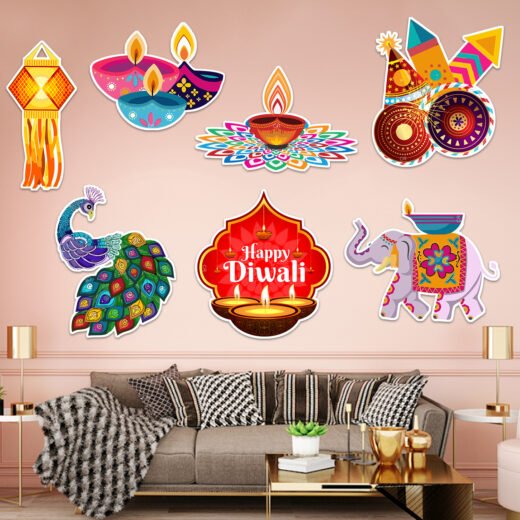 Zyozi 7 Pcs Diwali Wall Decoration Sticker Pack - Happy Diwali Wall Decor
