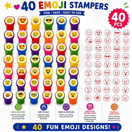 Zyozi 40 PCS Emoji Stampers for Kids – Self Ink Stamps Set with 40 Fun Emoji Designs, Colorful Reward Stamps, Party Favor Toys, Goodie Bag Fillers, Birthday Return Gifts for Kids