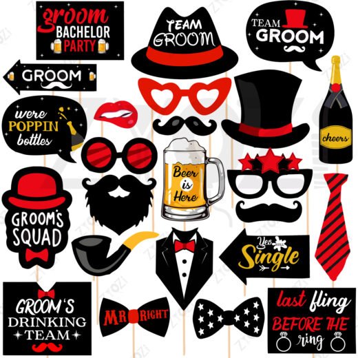 ZYOZI 24 Pcs Bachelor Party Photo Booth Props for Groom | Team Groom, Groom Squad, Beer Party Props | Wedding & Bachelor Party Decoration Kit (Black & Red Theme)