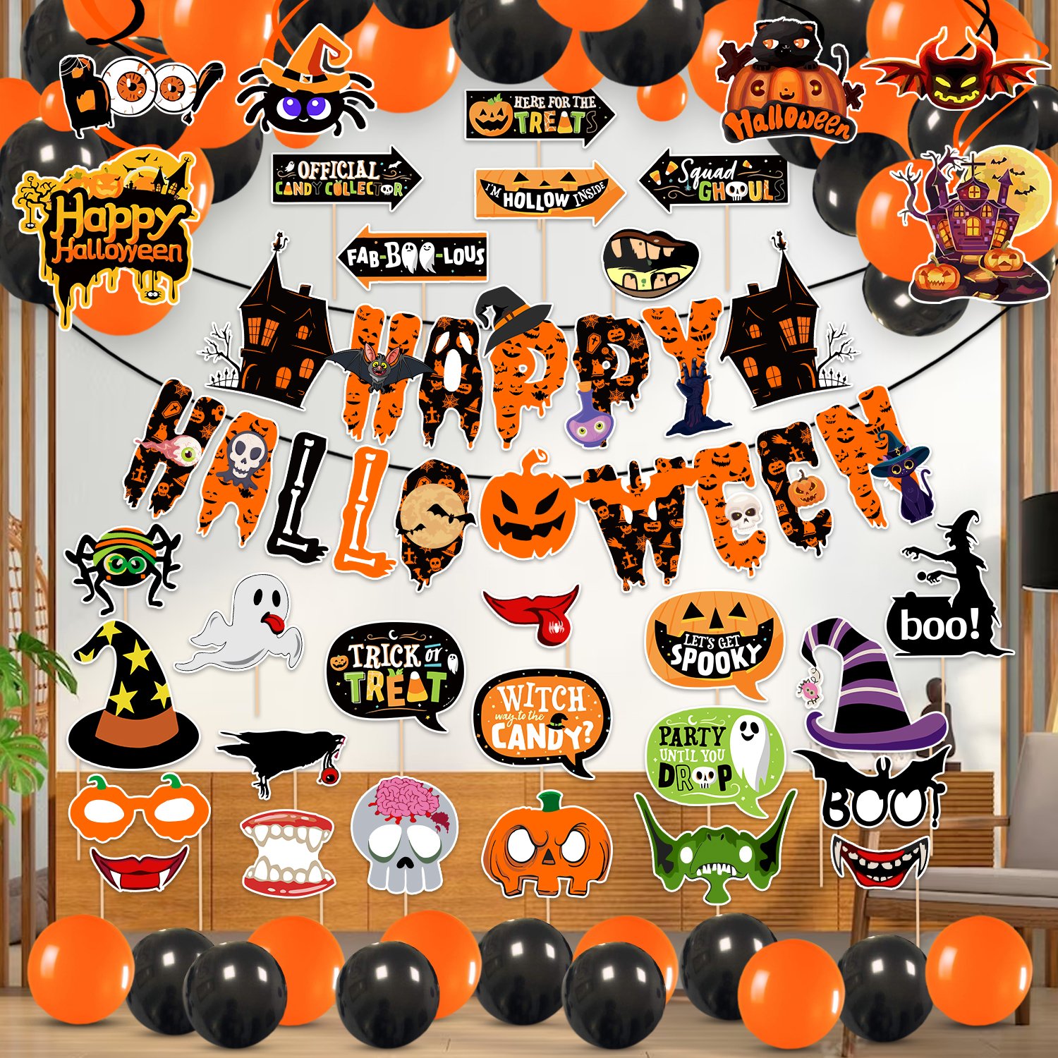 Zyozi Halloween Theme Party Decorations Combo- Halloween Theme Paper Banner, Photo Booth Props, Balloons And Swirls (Pack Of 57)