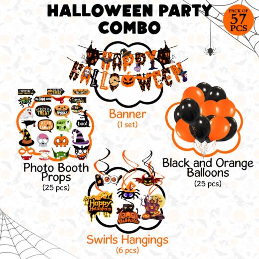Zyozi Halloween Theme Party Decorations Combo- Halloween Theme Paper Banner, Photo Booth Props, Balloons And Swirls (Pack Of 57)