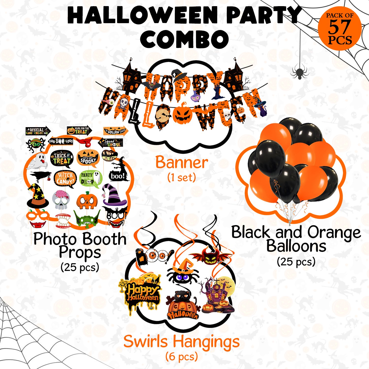 Zyozi Halloween Theme Party Decorations Combo- Halloween Theme Paper Banner, Photo Booth Props, Balloons And Swirls (Pack Of 57) - Image 2