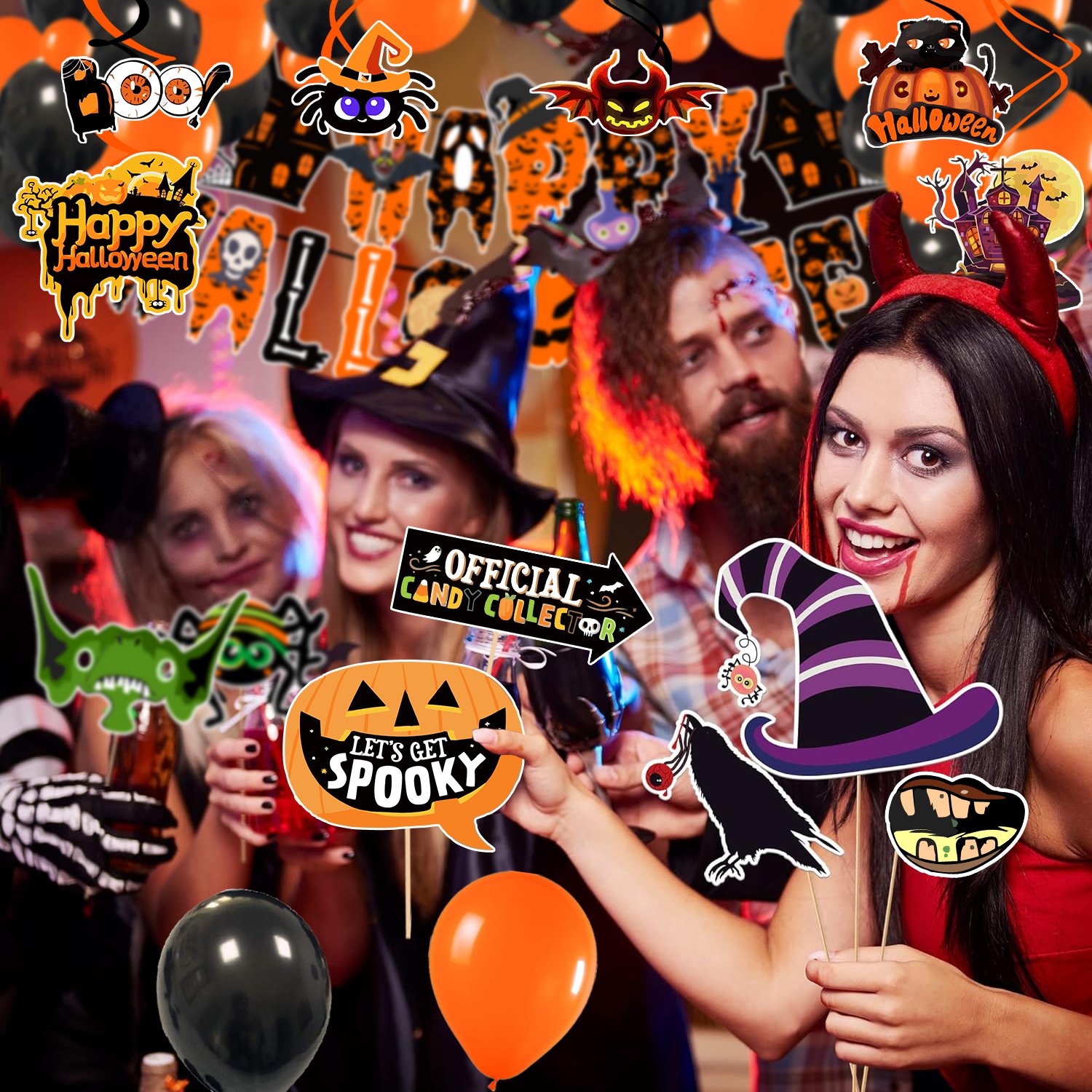 Zyozi Halloween Theme Party Decorations Combo- Halloween Theme Paper Banner, Photo Booth Props, Balloons And Swirls (Pack Of 57) - Image 8