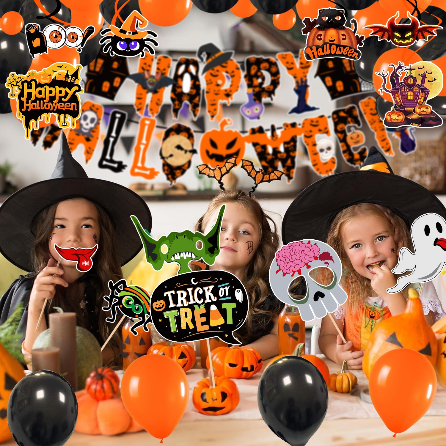 Zyozi Halloween Theme Party Decorations Combo- Halloween Theme Paper Banner, Photo Booth Props, Balloons And Swirls (Pack Of 57) - Image 7