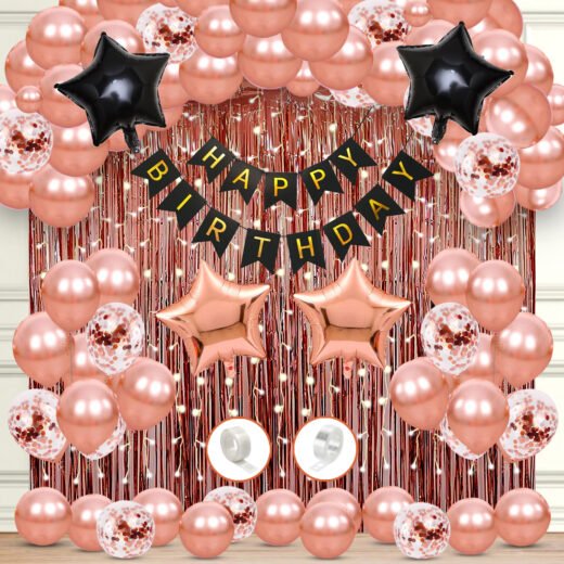 Zyozi Birthday Decorations Combo Set | Birthday Decorations Items - Paper Banner , Balloons, Star Foil Balloon, RoseGold Confetti Balloons, Ligt & Foil Curtains (Pack Of 70)