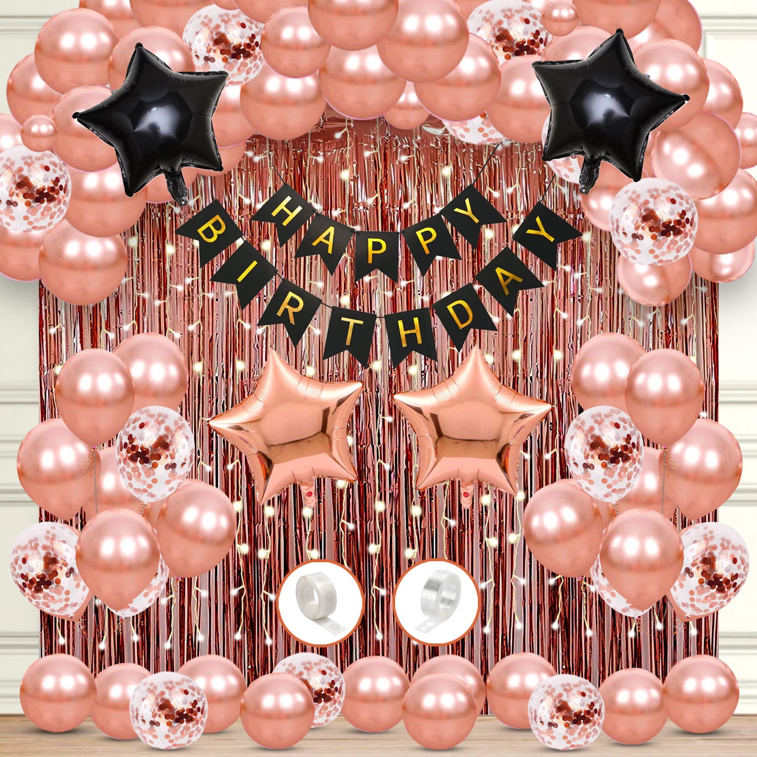 Zyozi Birthday Decorations Combo Set | Birthday Decorations Items - Paper Banner , Balloons, Star Foil Balloon, RoseGold Confetti Balloons, Ligt & Foil Curtains (Pack Of 70)