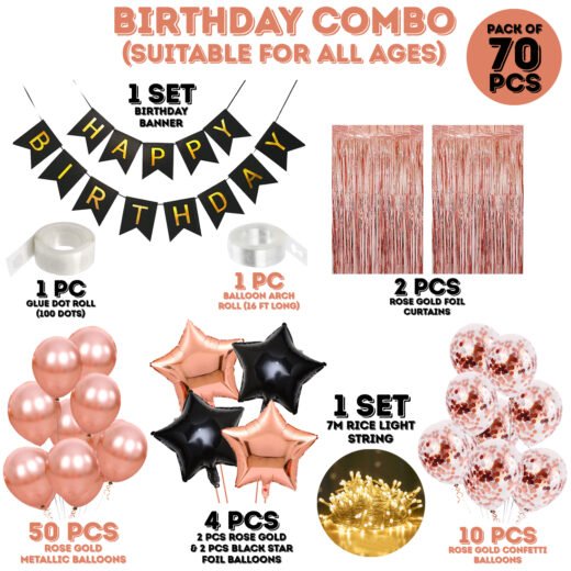 Zyozi Birthday Decorations Combo Set | Birthday Decorations Items - Paper Banner , Balloons, Star Foil Balloon, RoseGold Confetti Balloons, Ligt & Foil Curtains (Pack Of 70)