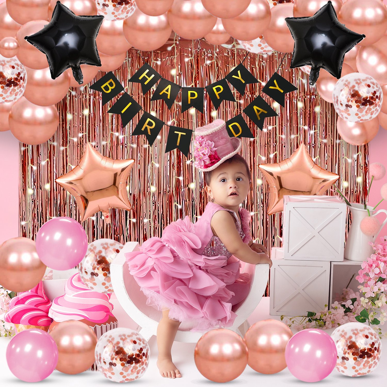 Zyozi Birthday Decorations Combo Set | Birthday Decorations Items - Paper Banner , Balloons, Star Foil Balloon, RoseGold Confetti Balloons, Ligt & Foil Curtains (Pack Of 70) - Image 4