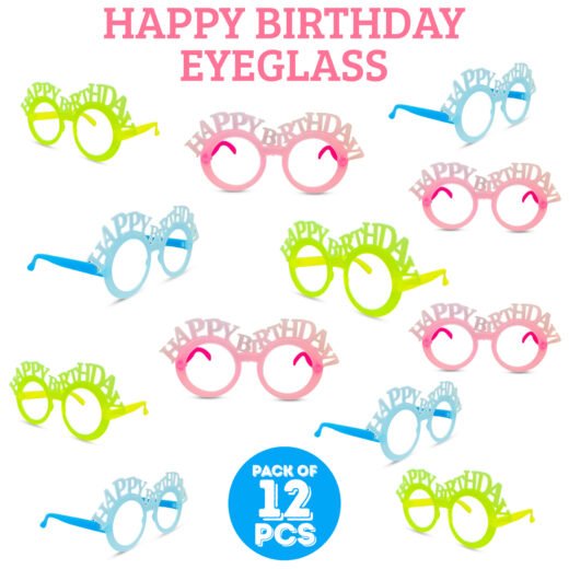 ZYOZI 12 Peice Multicolor Happy Birthday Eye Glasses - Colorful Eyeglasses for Kids | Photo Glasses Frame - Party Supplies