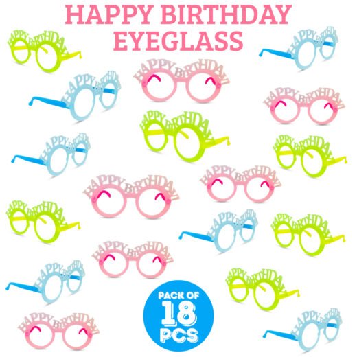 ZYOZI 18 Peice Multicolor Happy Birthday Eye Glasses, Colorful Eyeglasses for Kids' Parties | Happy Photo Glasses Frame | Eyewear Party Supplies