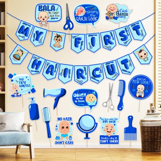 ZYOZI First Haircut/Mundan Ceremony Decorations For Baby Boys - My First Hair Cut Paper Banner & Photo Booth Props - Blue (Pack Of 17)