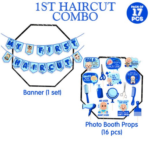 ZYOZI First Haircut/Mundan Ceremony Decorations For Baby Boys - My First Hair Cut Paper Banner & Photo Booth Props - Blue (Pack Of 17)