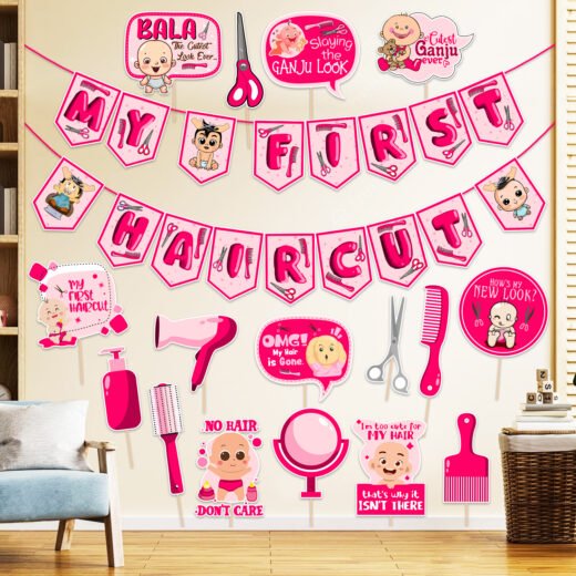 ZYOZI My First Hair Cut Mundan Baby Welcome Ceremony Decorations Set For Baby Girl - My First Hair Cut Paper Banner & Photo Booth Props, Pink (Pack Of 17)