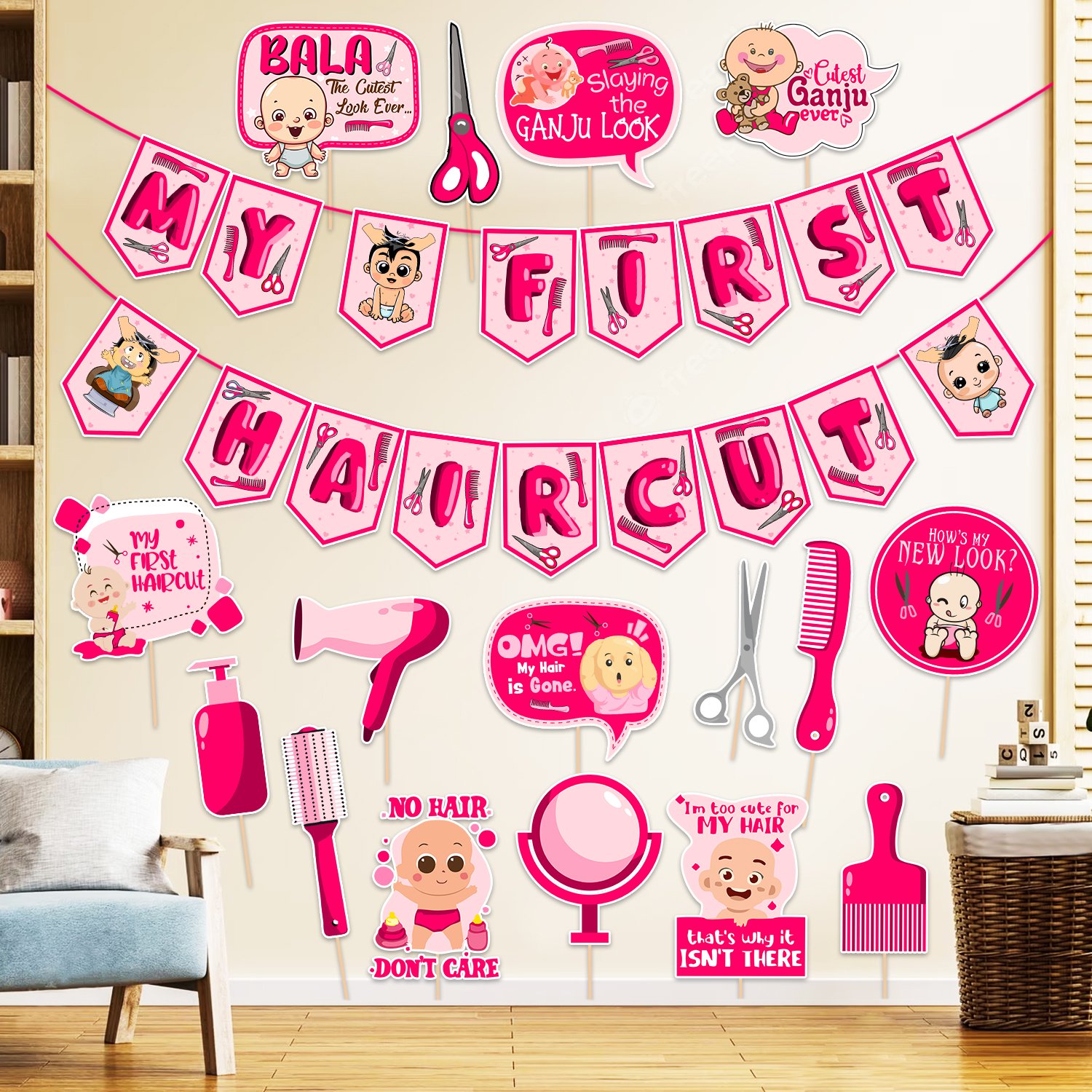 ZYOZI My First Hair Cut Mundan Baby Welcome Ceremony Decorations Set For Baby Girl - My First Hair Cut Paper Banner & Photo Booth Props, Pink (Pack Of 17)